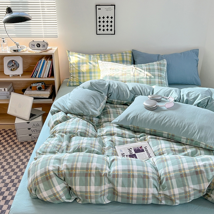 91家纺网 家纺一手货源 找家纺 贝拉梦家纺 2024新款日式简约款格子系水洗棉四件套套件系列-四件套 简兮-绿