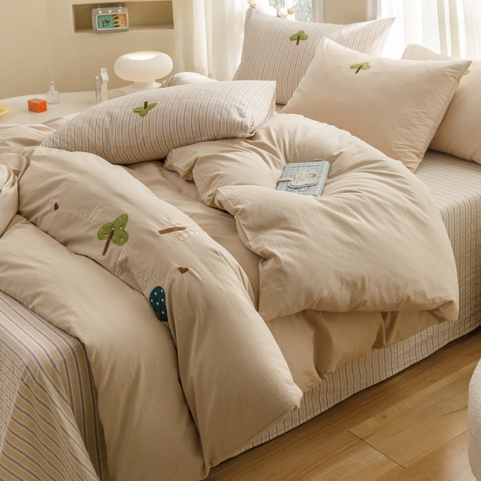 91家纺网 家纺一手货源 找家纺 艾莱家纺 2024新款水洗棉加厚绣花四件套-眷恋 眷恋-卡其色