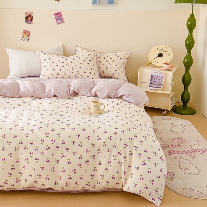 91家纺网 家纺一手货源 找家纺 木楌  2025新款全棉A类皱皱纱印花四件套 樱桃