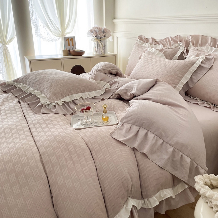 91家纺网 家纺一手货源 找家纺 布可家纺 2025新款泡泡纱水洗双层边四件套-欢乐颂系列 欢乐颂-卡其