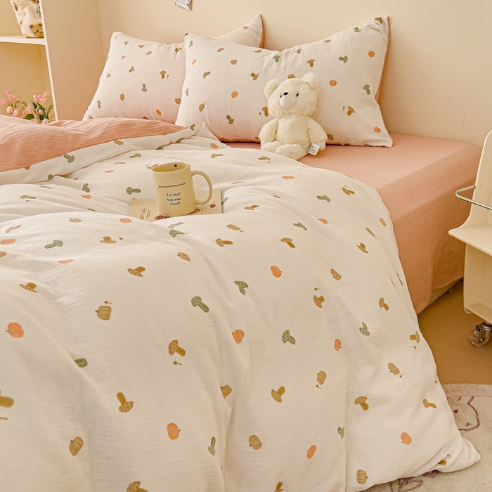 91家纺网 家纺一手货源 找家纺 木楌  2025新款全棉A类皱皱纱印花四件套 小彩蘑