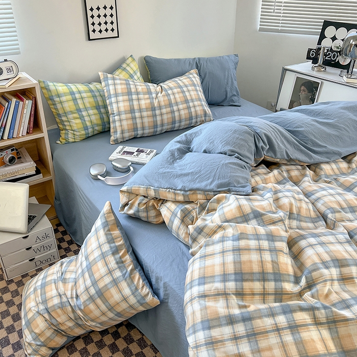 91家纺网 家纺一手货源 找家纺 贝拉梦家纺 2024新款日式简约格子系水洗棉床单款床笠款套件系列-单被套 贝拉-咖