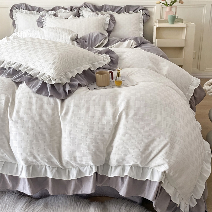 91家纺网 家纺一手货源 找家纺 布可家纺 2025新款泡泡纱水洗双层边四件套-欢乐颂系列 欢乐颂-奶灰