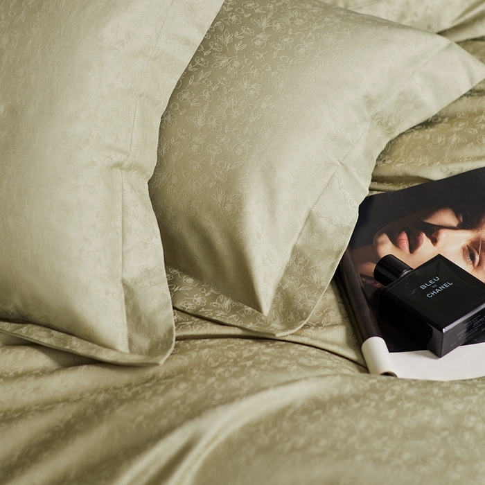 91家纺网 家纺一手货源 找家纺 梦享生活家居 2024新款100支全棉提花贡缎四件套 唯美之歌（梧桐绿）