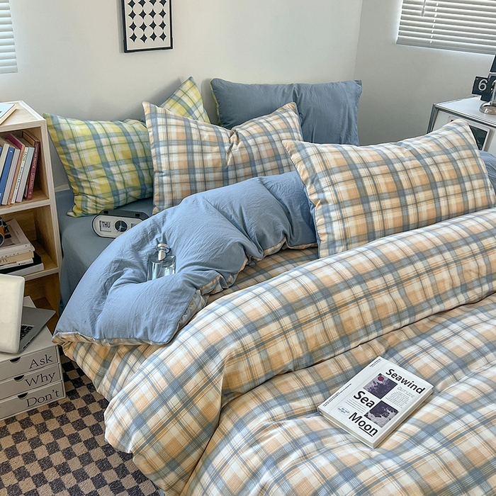 91家纺网 家纺一手货源 找家纺 贝拉梦家纺 2024新款日式简约格子系水洗棉床单款床笠款套件系列-单被套 贝拉-咖