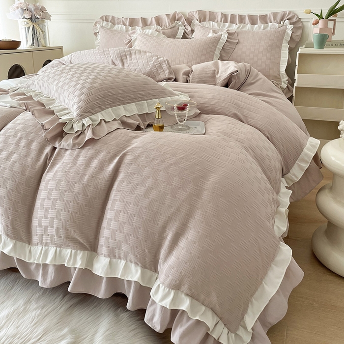 91家纺网 家纺一手货源 找家纺 布可家纺 2025新款泡泡纱水洗双层边四件套-欢乐颂系列 欢乐颂-卡其