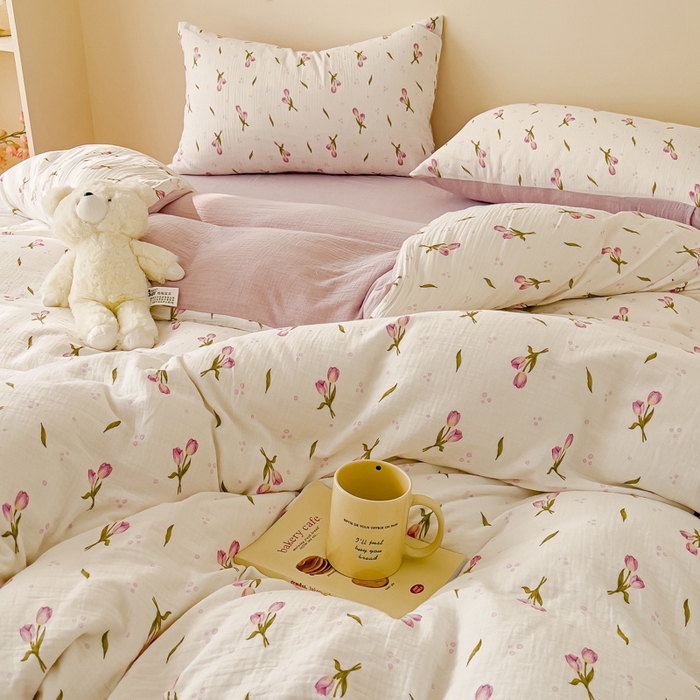 91家纺网 家纺一手货源 找家纺 木楌  2025新款全棉A类皱皱纱印花四件套 知音