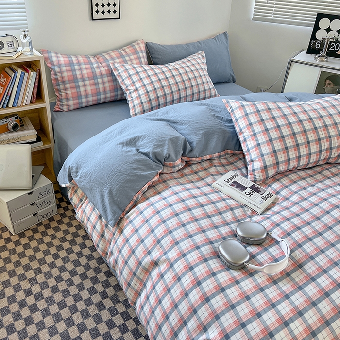 91家纺网 家纺一手货源 找家纺 贝拉梦家纺 2024新款日式简约格子系水洗棉床单款床笠款套件系列-单被套 瑞贝卡