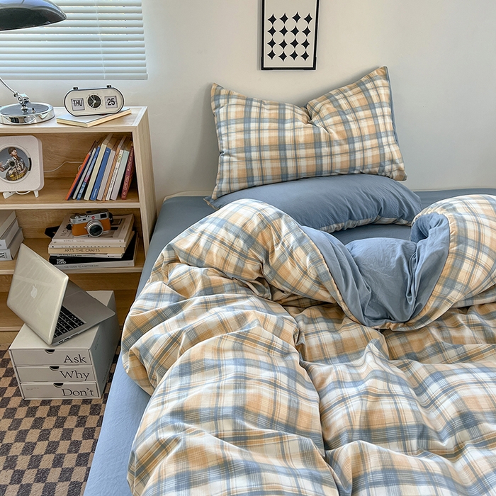 91家纺网 家纺一手货源 找家纺 贝拉梦家纺 2024新款日式简约款格子系水洗棉四件套套件系列-四件套 贝拉-咖