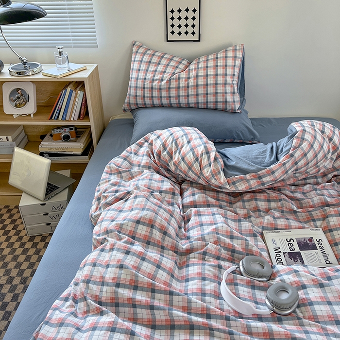 91家纺网 家纺一手货源 找家纺 贝拉梦家纺 2024新款日式简约款格子系水洗棉四件套套件系列-四件套 瑞贝卡