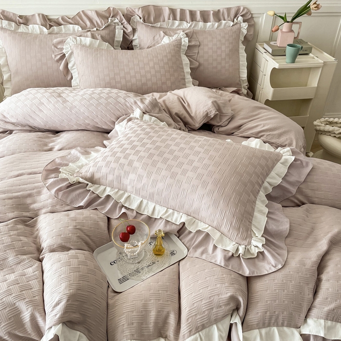 91家纺网 家纺一手货源 找家纺 布可家纺 2025新款泡泡纱水洗双层边四件套-欢乐颂系列 欢乐颂-卡其