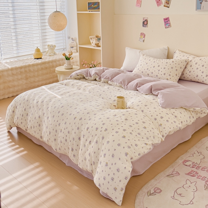 91家纺网 家纺一手货源 找家纺 木楌  2025新款全棉A类皱皱纱印花四件套 紫萱