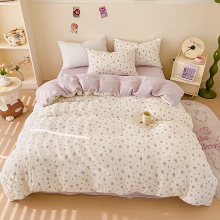 木楌  2025新款全棉A类皱皱纱印花四件套 紫萱