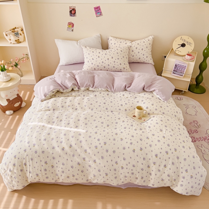 91家纺网 家纺一手货源 找家纺 木楌  2025新款全棉A类皱皱纱印花四件套 紫萱