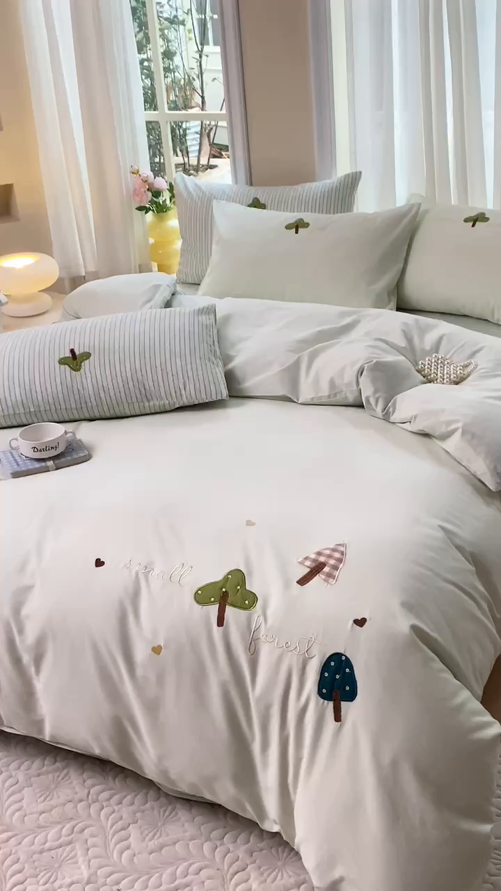 91家纺网 家纺一手货源 找家纺 艾莱家纺 2024新款水洗棉加厚绣花四件套-眷恋 眷恋-青草绿