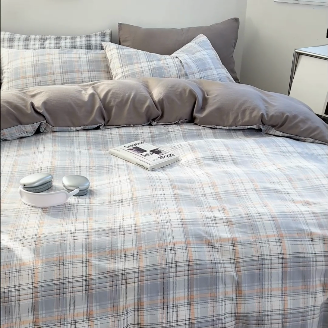 91家纺网 家纺一手货源 找家纺 贝拉梦家纺 2024新款日式简约格子系水洗棉床单款床笠款套件系列-单被套 乔南