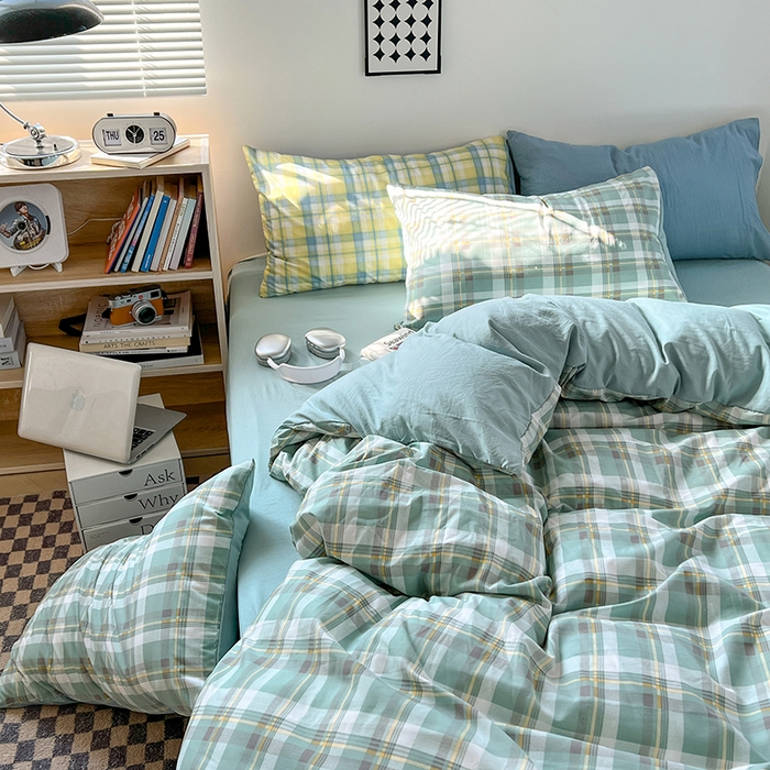 91家纺网 家纺一手货源 找家纺 贝拉梦家纺 2024新款日式简约款格子系水洗棉四件套套件系列-四件套 简兮-绿