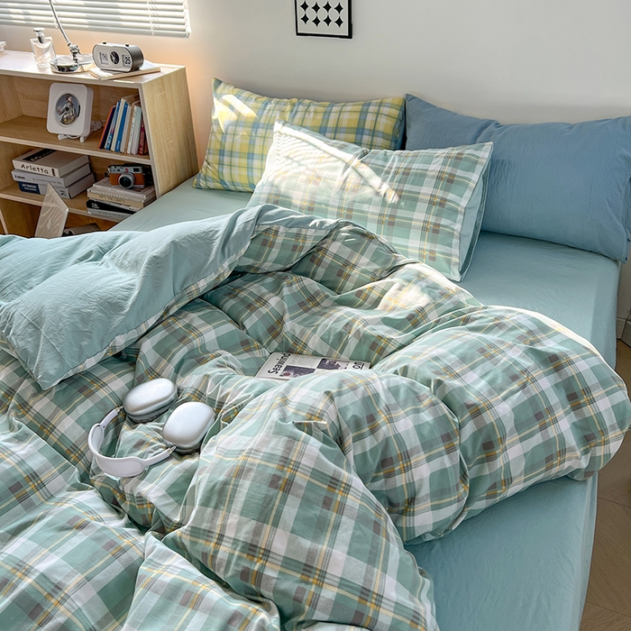 91家纺网 家纺一手货源 找家纺 贝拉梦家纺 2024新款日式简约款格子系水洗棉四件套套件系列-四件套 简兮-绿