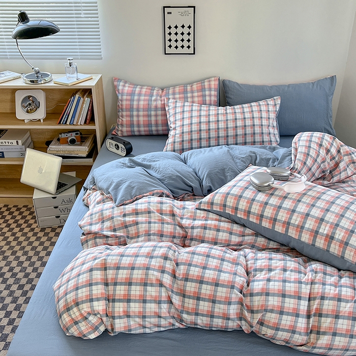 91家纺网 家纺一手货源 找家纺 贝拉梦家纺 2024新款日式简约格子系水洗棉床单款床笠款套件系列-单被套 瑞贝卡