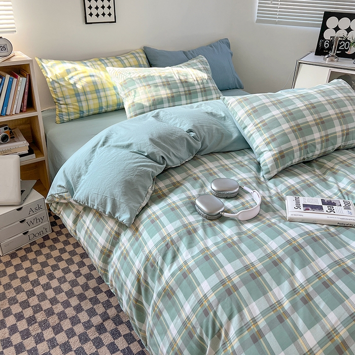 91家纺网 家纺一手货源 找家纺 贝拉梦家纺 2024新款日式简约格子系水洗棉床单款床笠款套件系列-单被套 简兮-绿