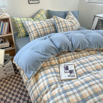 贝拉梦家纺 2024新款日式简约格子系水洗棉床单款床笠款套件系列-单被套 贝拉-咖