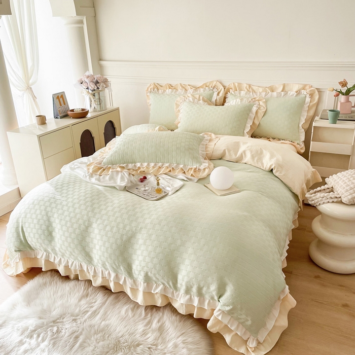 91家纺网 家纺一手货源 找家纺 布可家纺 2025新款泡泡纱水洗双层边四件套-欢乐颂系列 欢乐颂-绿