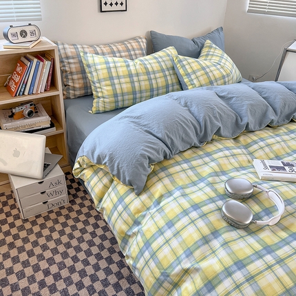 贝拉梦家纺 2024新款日式简约格子系水洗棉床单款床笠款套件系列-单被套 贝拉-黄
