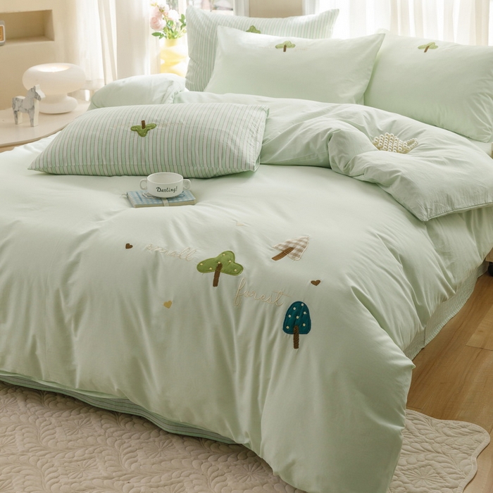 91家纺网 家纺一手货源 找家纺 艾莱家纺 2024新款水洗棉加厚绣花四件套-眷恋 眷恋-青草绿