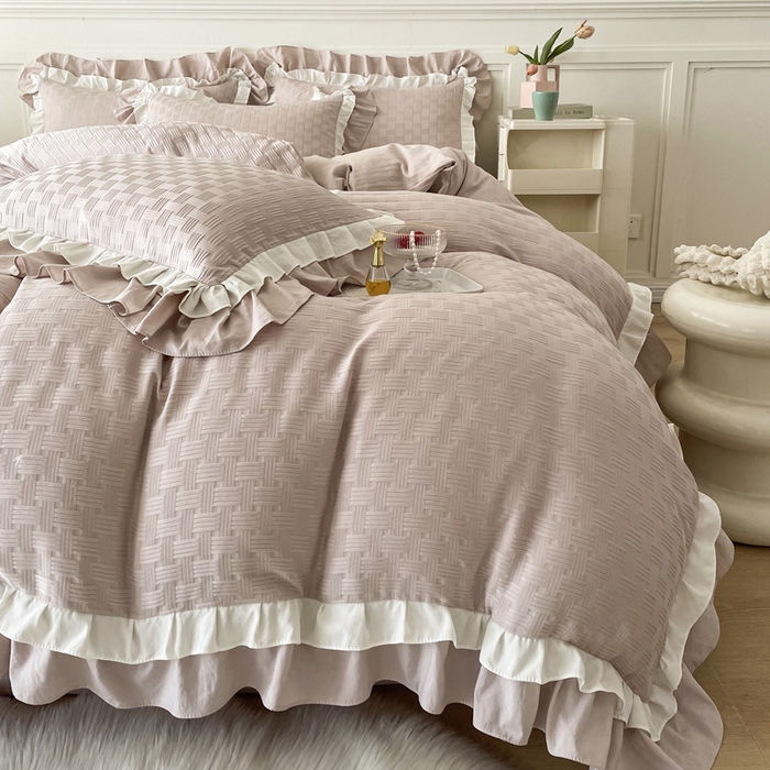 91家纺网 家纺一手货源 找家纺 布可家纺 2025新款泡泡纱水洗双层边四件套-欢乐颂系列 欢乐颂-卡其