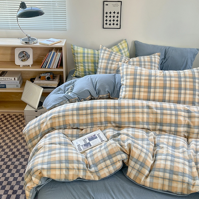 91家纺网 家纺一手货源 找家纺 贝拉梦家纺 2024新款日式简约格子系水洗棉床单款床笠款套件系列-单被套 贝拉-咖