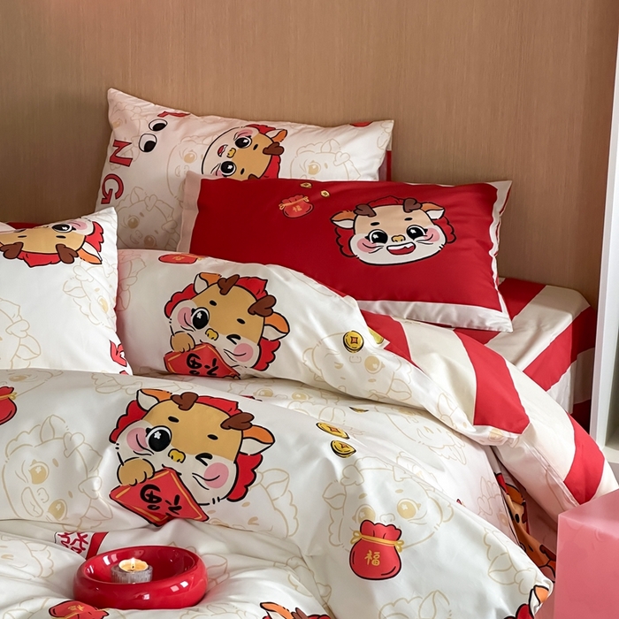 91家纺网 家纺一手货源 找家纺 时年 2024新款全棉数码大版趣味系列四件套 福龙