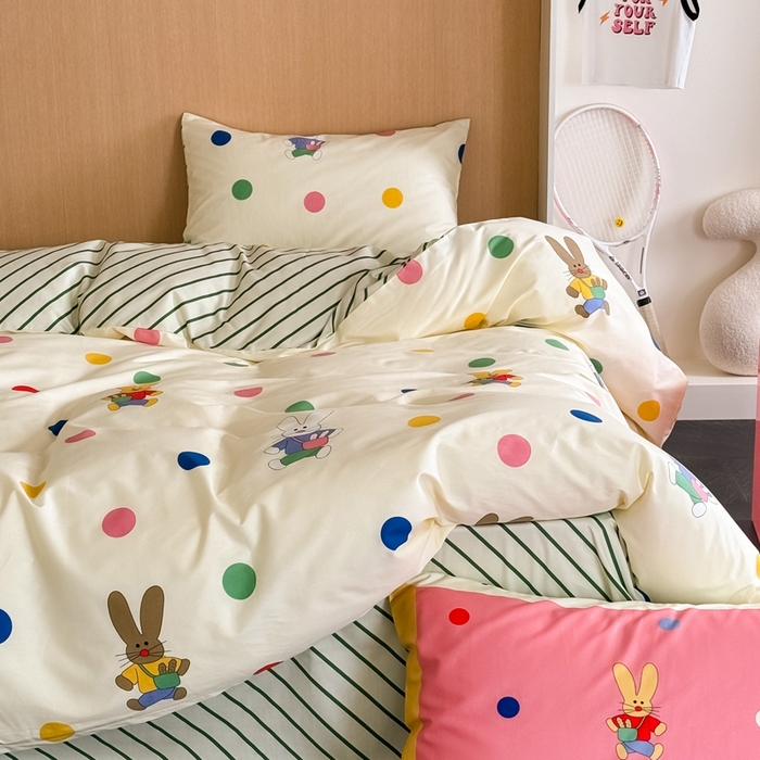 91家纺网 家纺一手货源 找家纺 时年 2024新款全棉数码大版趣味系列四件套 波点兔