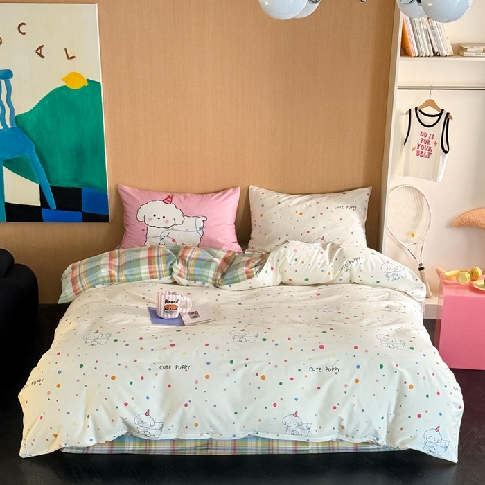 91家纺网 家纺一手货源 找家纺 时年 2024新款全棉数码大版趣味系列四件套 波点小狗