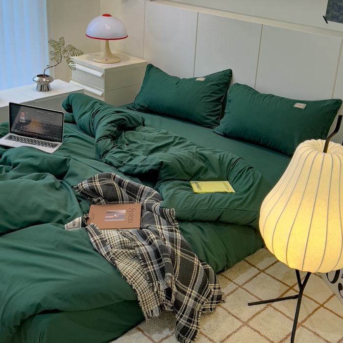 91家纺网 家纺一手货源 找家纺 蓝淋 2024新春款日式简约婴儿可以啃咬的超柔混搭水洗棉四件套 墨绿