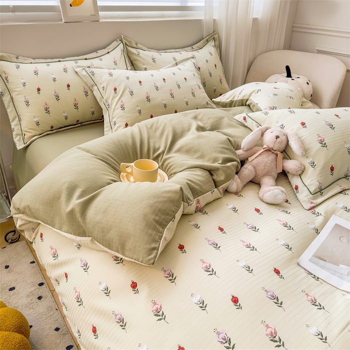 91家纺网 家纺一手货源 找家纺 雅慕家居 2024新款A类臻棉提花清新风四件套柔软亲肤 晨晓