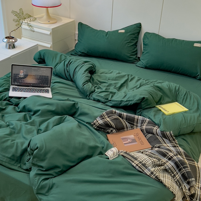 91家纺网 家纺一手货源 找家纺 蓝淋 2024新春款日式简约婴儿可以啃咬的超柔混搭水洗棉四件套 墨绿