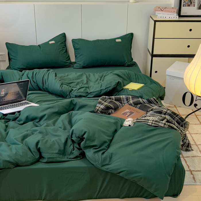 91家纺网 家纺一手货源 找家纺 蓝淋 2024新春款日式简约婴儿可以啃咬的超柔混搭水洗棉四件套 墨绿