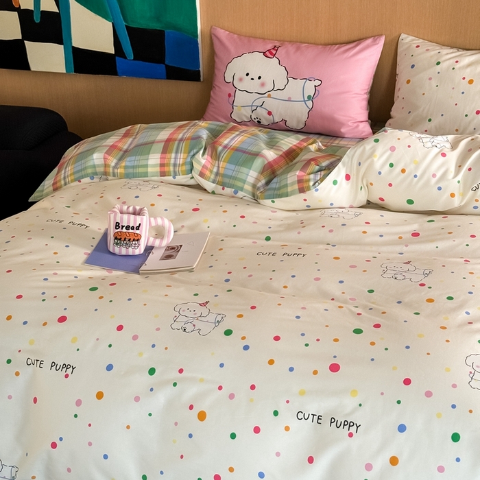 91家纺网 家纺一手货源 找家纺 时年 2024新款全棉数码大版趣味系列四件套 波点小狗