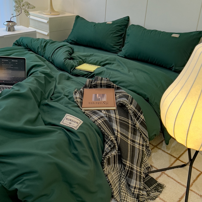 91家纺网 家纺一手货源 找家纺 蓝淋 2024新春款日式简约婴儿可以啃咬的超柔混搭水洗棉四件套 墨绿