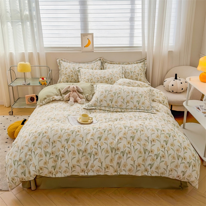 91家纺网 家纺一手货源 找家纺 雅慕家居 2024新款A类臻棉提花清新风四件套柔软亲肤 浅梦