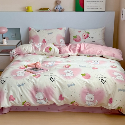 时年 2024新款全棉数码大版趣味系列四件套 草莓喵