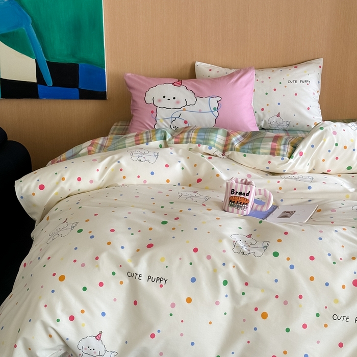 91家纺网 家纺一手货源 找家纺 时年 2024新款全棉数码大版趣味系列四件套 波点小狗