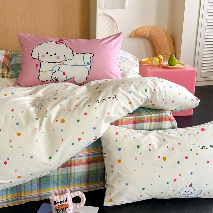 91家纺网 家纺一手货源 找家纺 时年 2024新款全棉数码大版趣味系列四件套 波点小狗