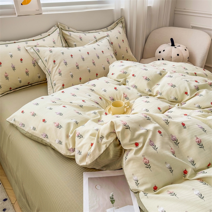 91家纺网 家纺一手货源 找家纺 雅慕家居 2024新款A类臻棉提花清新风四件套柔软亲肤 晨晓