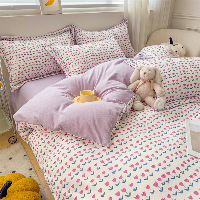 91家纺网 家纺一手货源 找家纺 雅慕家居 2024新款A类臻棉提花清新风四件套柔软亲肤 花满园