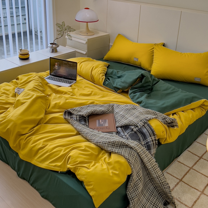 91家纺网 家纺一手货源 找家纺 蓝淋 2024新春款日式简约婴儿可以啃咬的超柔混搭水洗棉四件套 姜黄+墨绿