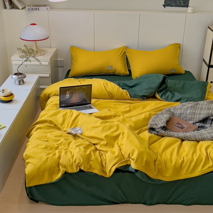 91家纺网 家纺一手货源 找家纺 蓝淋 2024新春款日式简约婴儿可以啃咬的超柔混搭水洗棉四件套 姜黄+墨绿