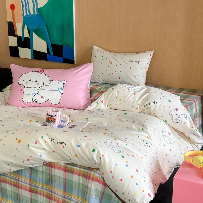 91家纺网 家纺一手货源 找家纺 时年 2024新款全棉数码大版趣味系列四件套 波点小狗