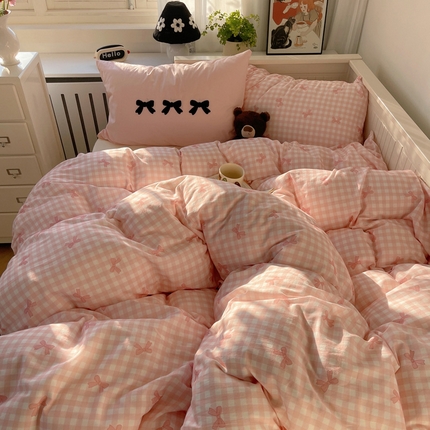 91家纺网 家纺一手货源 找家纺 （总）桃子家居 2024新款A类纯棉水洗棉毛巾绣蝴蝶结少女系列四件套