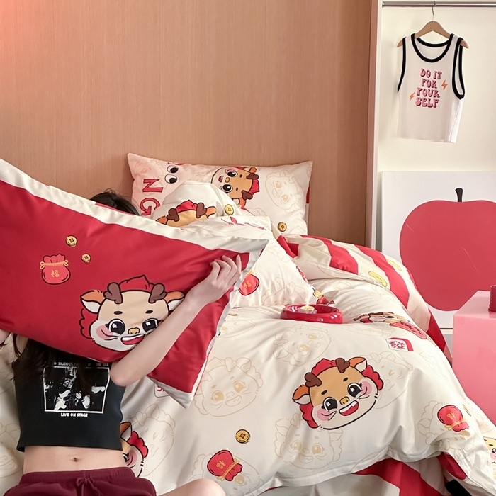 91家纺网 家纺一手货源 找家纺 时年 2024新款全棉数码大版趣味系列四件套 福龙